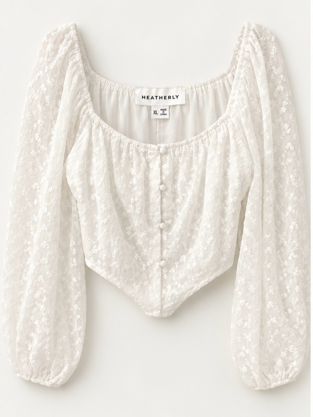 Heatherly White Embroidered Puff Sleeve Crop Top Blouse XL NWT